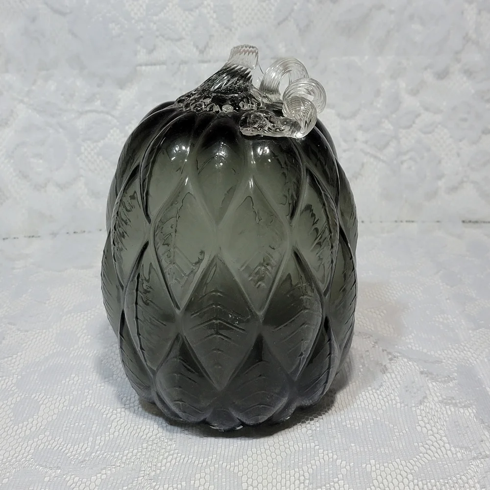 Black Gray Quilted Glass Pumpkin 8.5